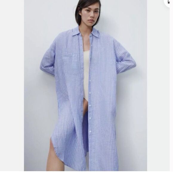 Zara 100% Linen Light Blue and White Striped Long Shirt Dress Size Small - Picture 1 of 6
